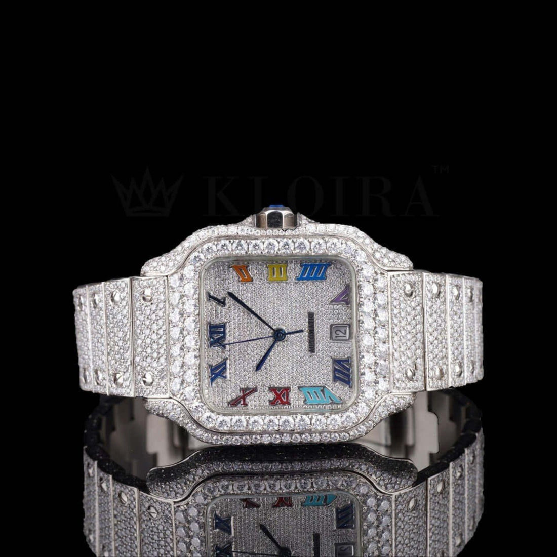Cartier Santos Inspired Moissanite Watch Multi Color Roman Numerals Front View