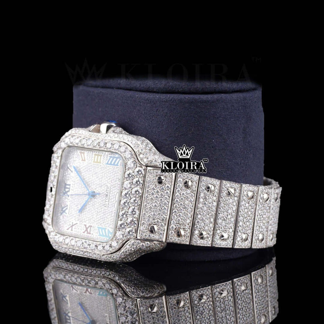 Cartier Santos Inspired Rainbow Numerals Natural Diamond Watch 14K Gold 42mm Front View