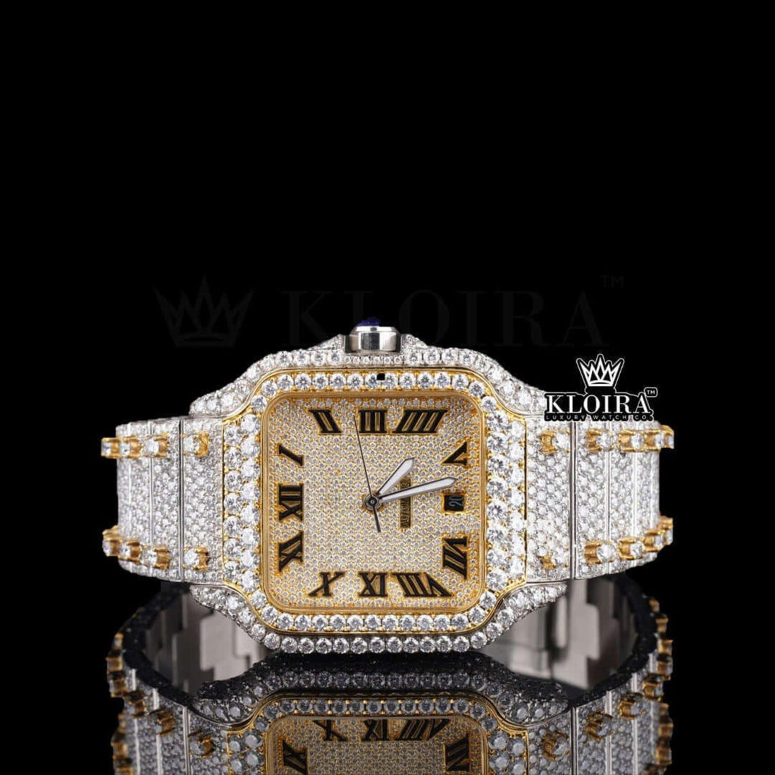 Cartier Santos Inspired Women's Two Tone Iced Out Moissanite Watch Front View
