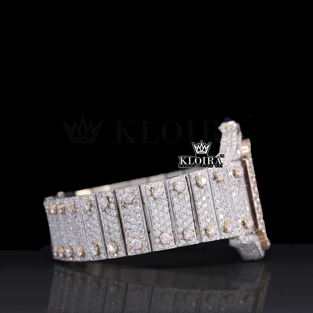 Cartier Santos Skeleton Inspired Two Tone Rose Gold Moissanite Diamond Watch Front View