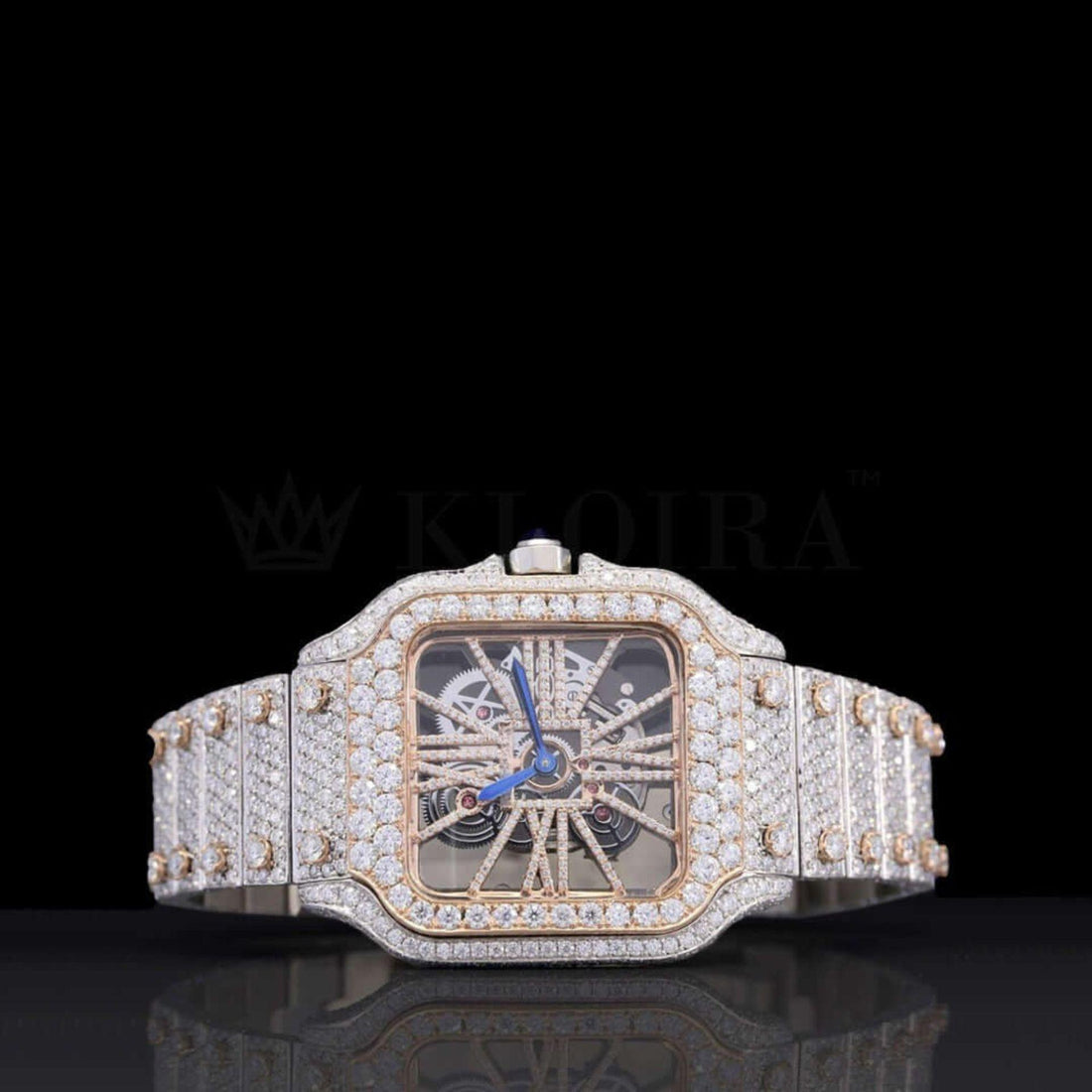 Cartier Skeleton Inspired Iced Out Natural Diamond Watch Glacier 14K Gold 42mm Front View