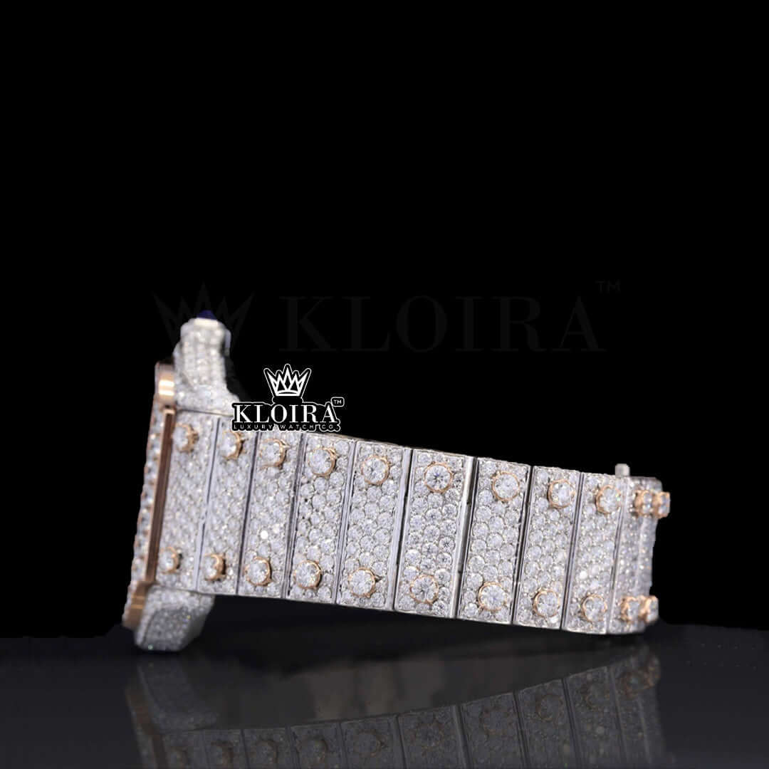 Cartier Skeleton Inspired Iced Watch with Blue Hands 14K Gold VVS 30 Carat 42mm Front View