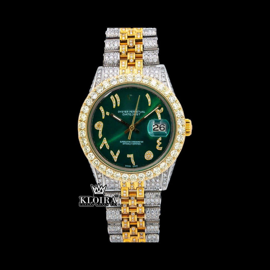 Datejust Arabic Green Face Two Tone Moissanite Watch 14K Gold 42mm Front View