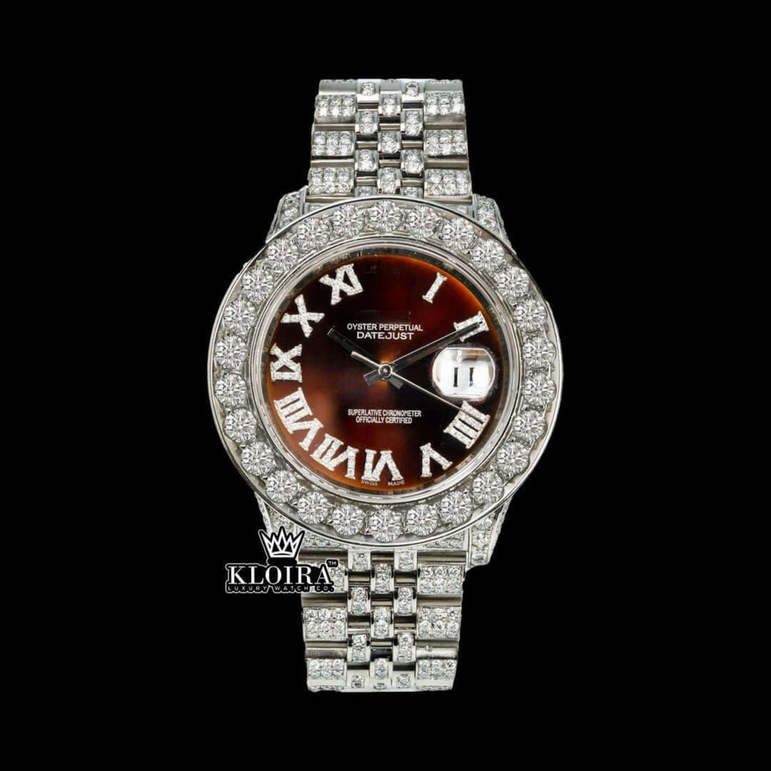 Datejust Iced Out Brown Roman Numeral Moissanite Watch 14K Gold 42mm Front View