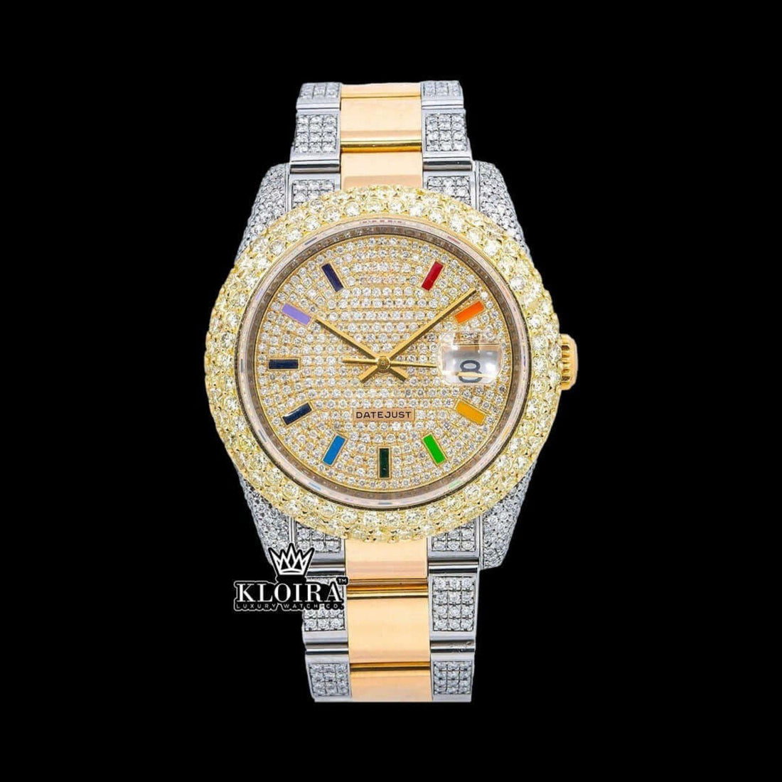 Datejust Rainbow Two Tone Moissanite Watch 14K Gold VVS 18 Carat 42mm Front View