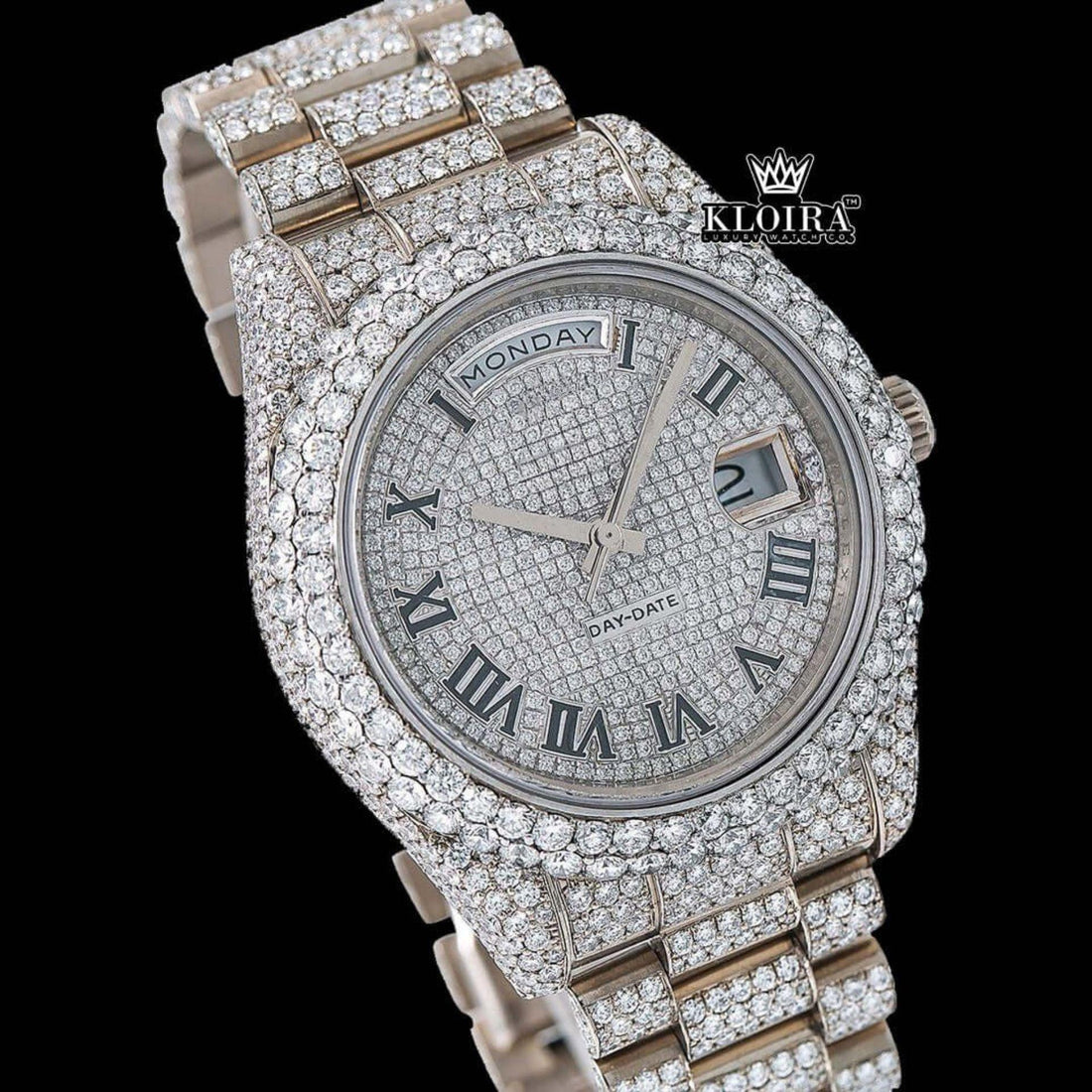 Day-Date Display Roman Dial Full Iced Out Moissanite Watch 14K Gold 42mm Front View