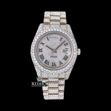 Day-Date Display Roman Dial Full Iced Out Moissanite Watch 14K Gold 42mm Front View