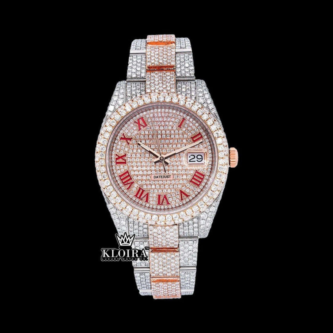 Diamond Datejust Rose Gold Red Roman Dial Moissanite Watch 42mm Front View