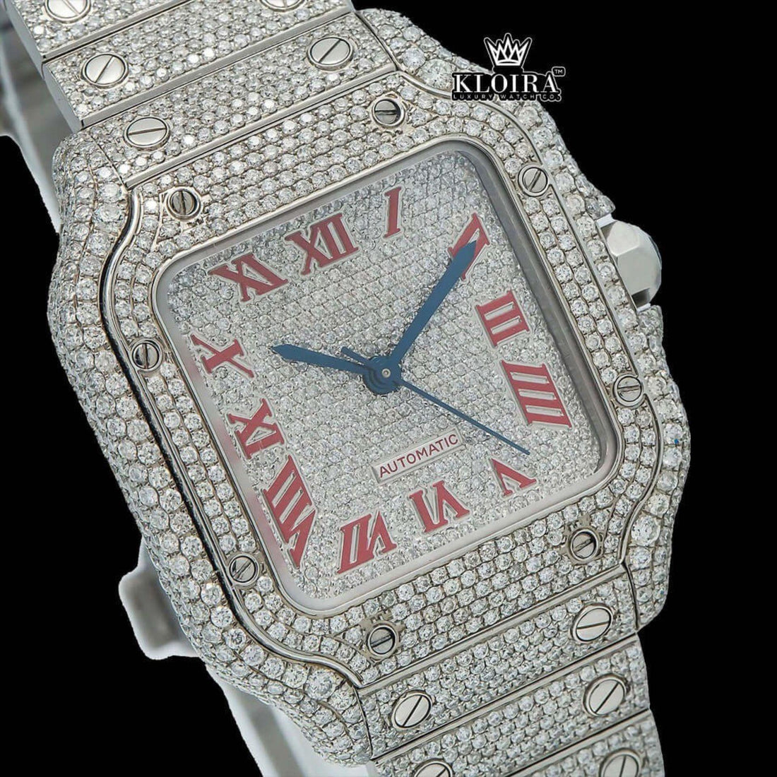 Diamond Moissanite Square Iced Out Roman Dial Watch 14K Gold 42mm Front View