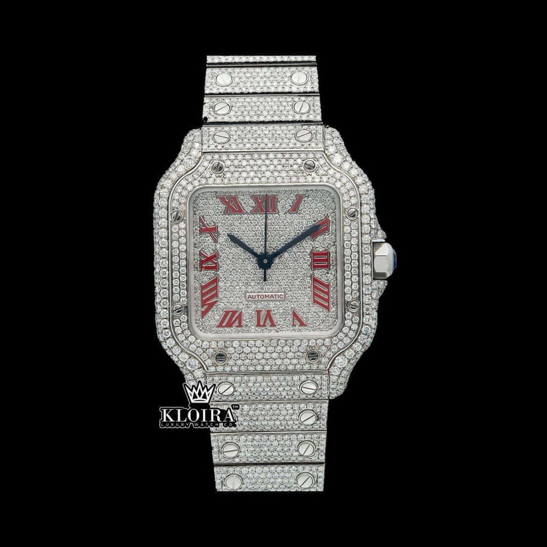 Diamond Moissanite Square Iced Out Roman Dial Watch 14K Gold 42mm Front View