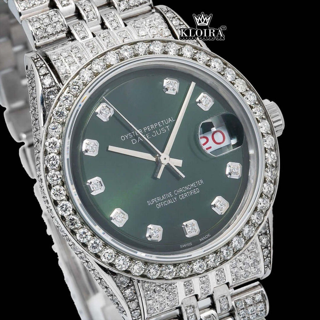 Emerald Mist Moissanite Diamond Watch 14K Gold VVS 22 Carat 42mm Front View
