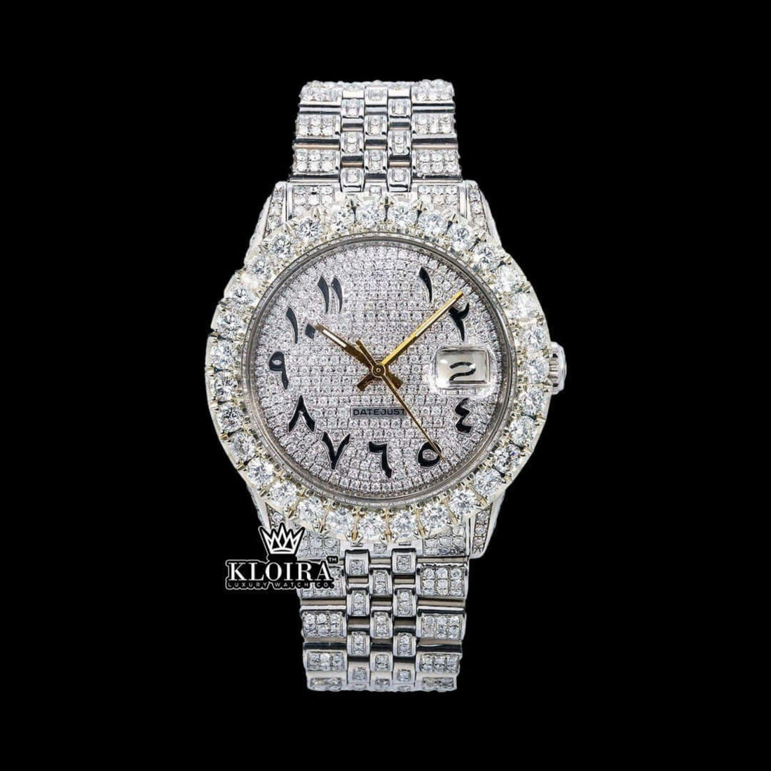 Fully Iced Out Arabic Date Display Dial Moissanite Watch 14K Gold VVS 18 Ct 42mm Front View