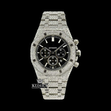 Fully Iced Out Black Dial Moissanite Diamond Watch 14K Gold VVS 42mm Front View