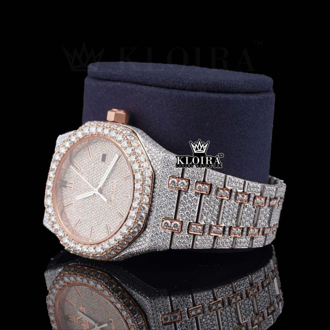 Fully Iced Out Moissanite Diamond Watch Two Tone Rose Gold Front View