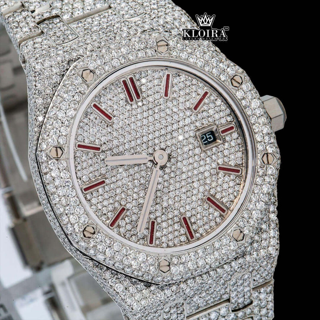 Fully Iced Out Red Stick Date Display Dial Moissanite Diamond Watch Front View