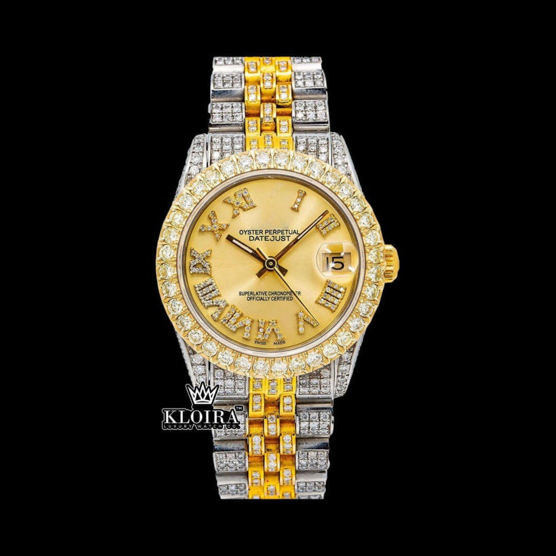 Golden Charm Moissanite Diamond Watch 14K Gold VVS 18 Carat 42mm Front View