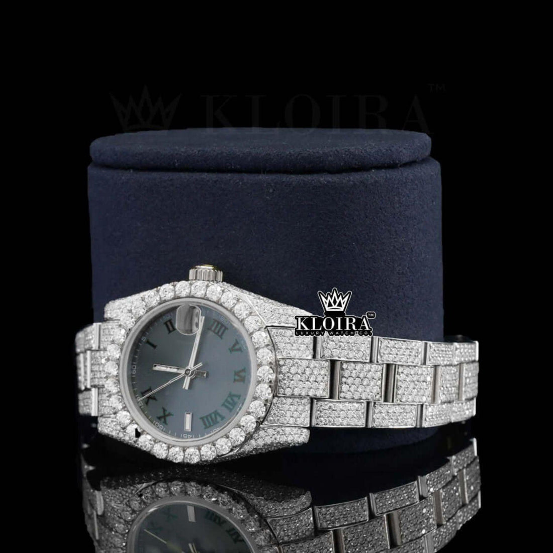 Graphite Moissanite Diamond Watch 14K Gold VVS 30 Carat 42mm Front View