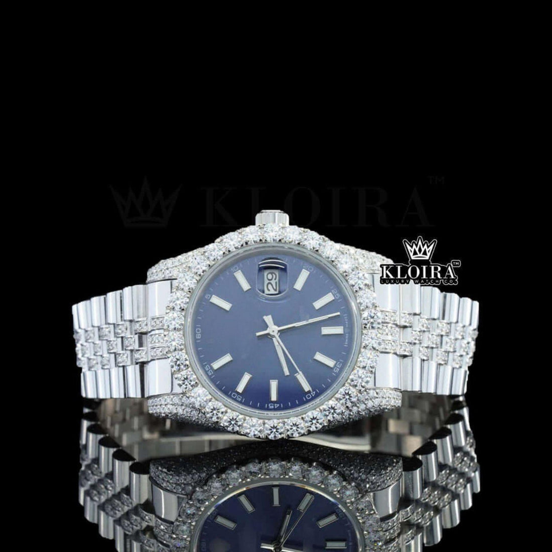 Ice Blue Moissanite Diamond Watch 14K Gold VVS 31 Carat 42mm Front View