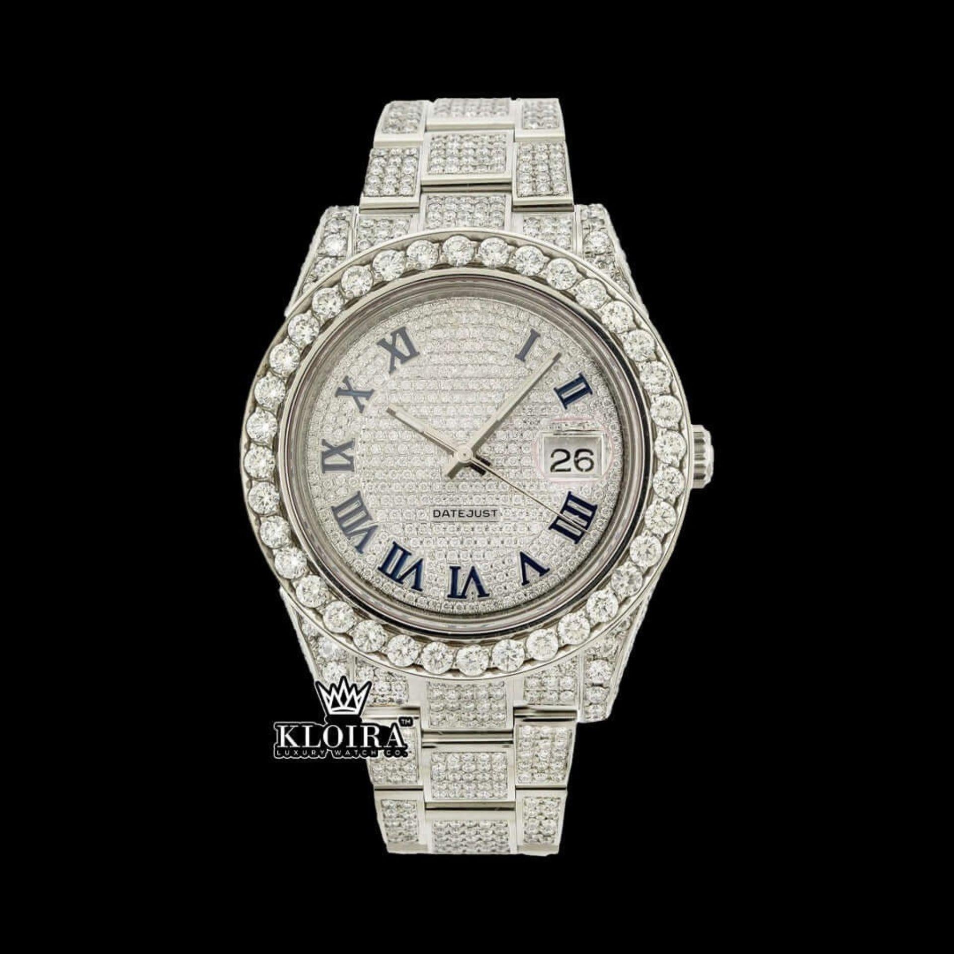 Iced Out Blue Roman Numerals White Gold Dial Moissanite Diamond Watch