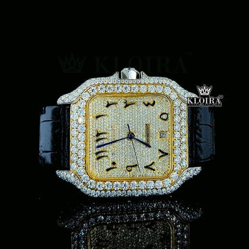 Iced Out Cartier Santos Inspired Arabic Dial Moissanite Diamond Watch 14K Gold Front View