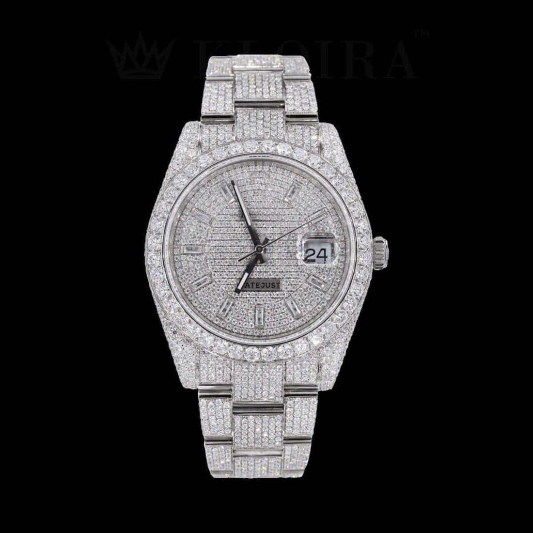 Iced Out Date Display Stick Dial Moissanite Diamond Watch Front View