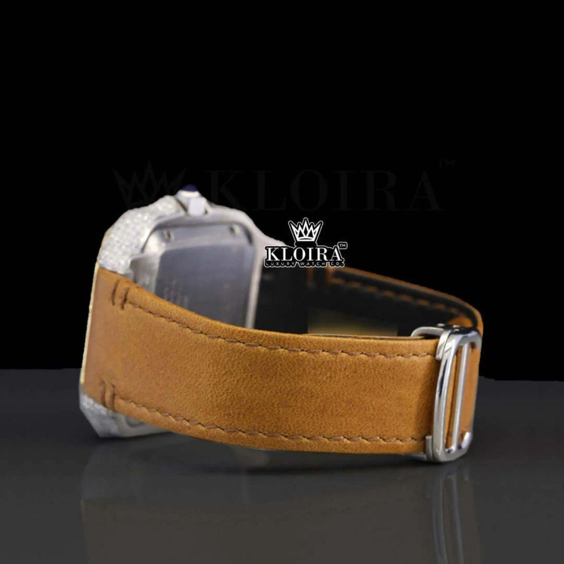 Iced Out Roman Dial Moissanite Brown Leather Strap Luxury Watch Front View