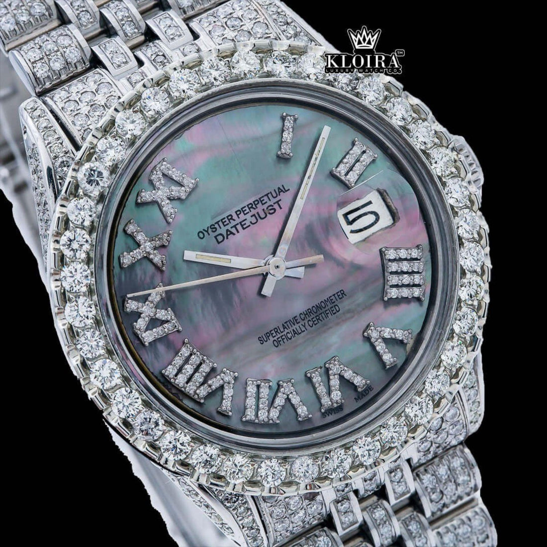 Iced Out Silver Roman Numerals Date Dial Moissanite Watch Front View