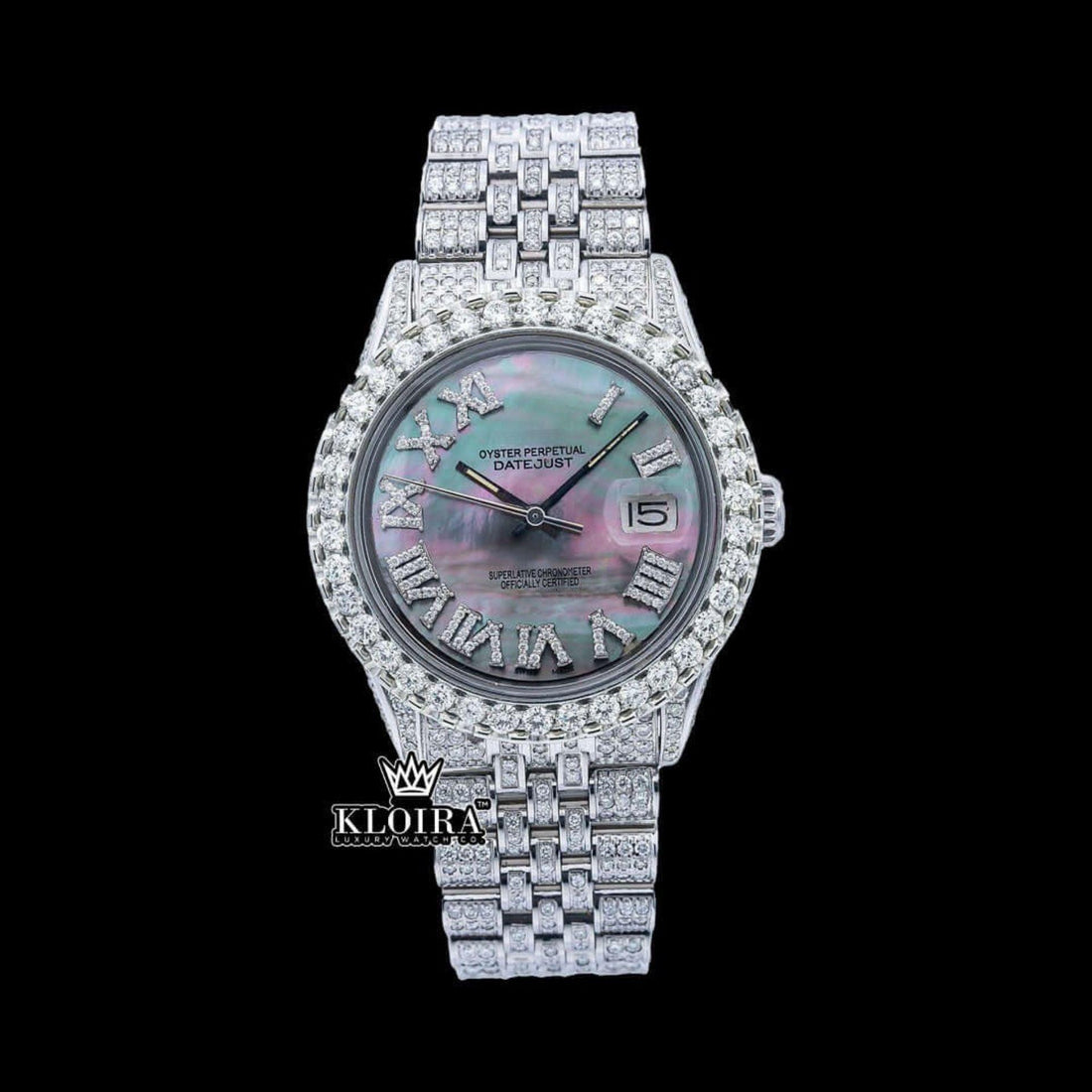 Iced Out Silver Roman Numerals Date Dial Moissanite Watch Front View