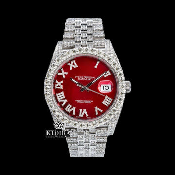 Iced Out Watch Red Dial Roman Numeral Moissanite 14K Gold 42mm Front View