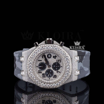 Iced Out White Dial Moissanite Diamond Watch Grey Camo Strap Front View