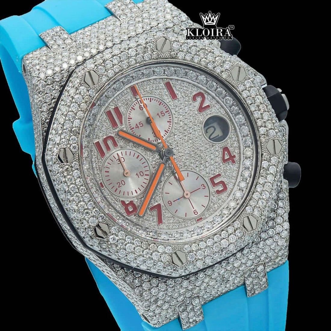 Men's Iced Out Red Number Moissanite Watch Blue Sports Strap Front View