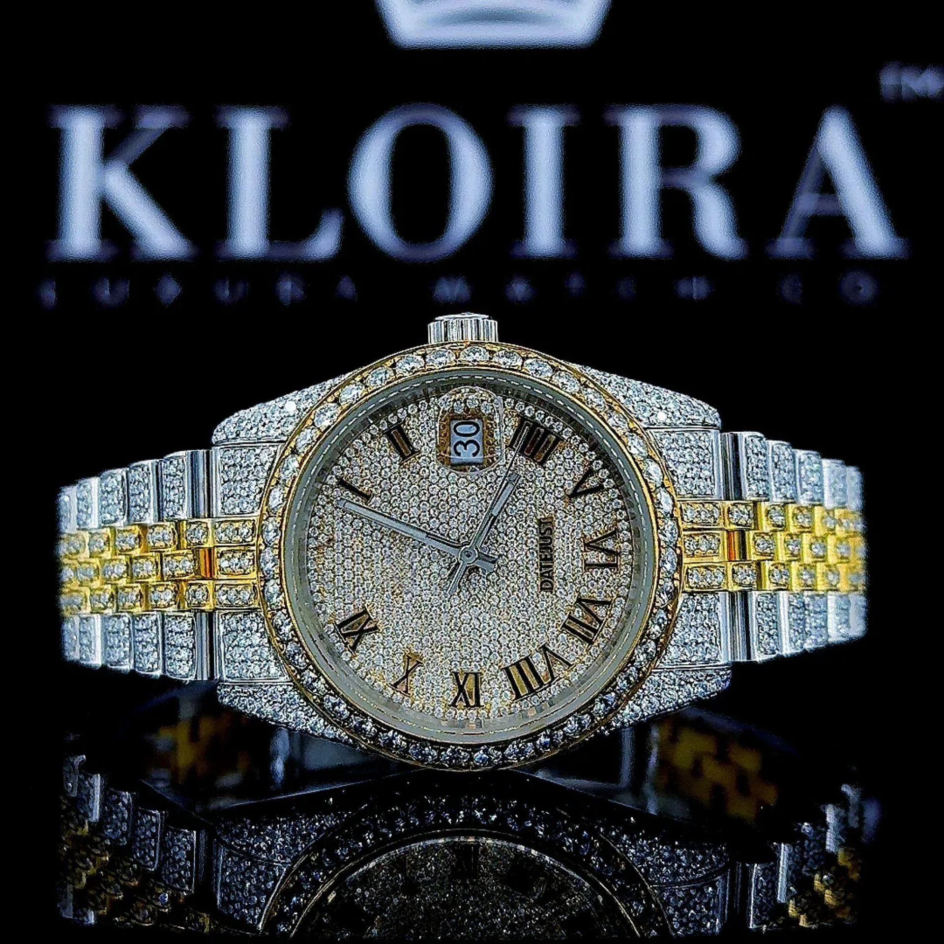 Mens Rolex Moissanite Watch Yellow Roman Dial Two Tone Iced Out