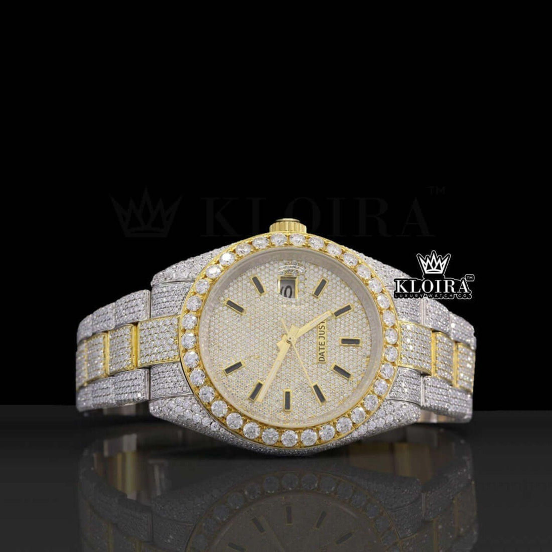 Moissanite Gold Watch 14K Gold VVS 28 Carat 42mm Front View