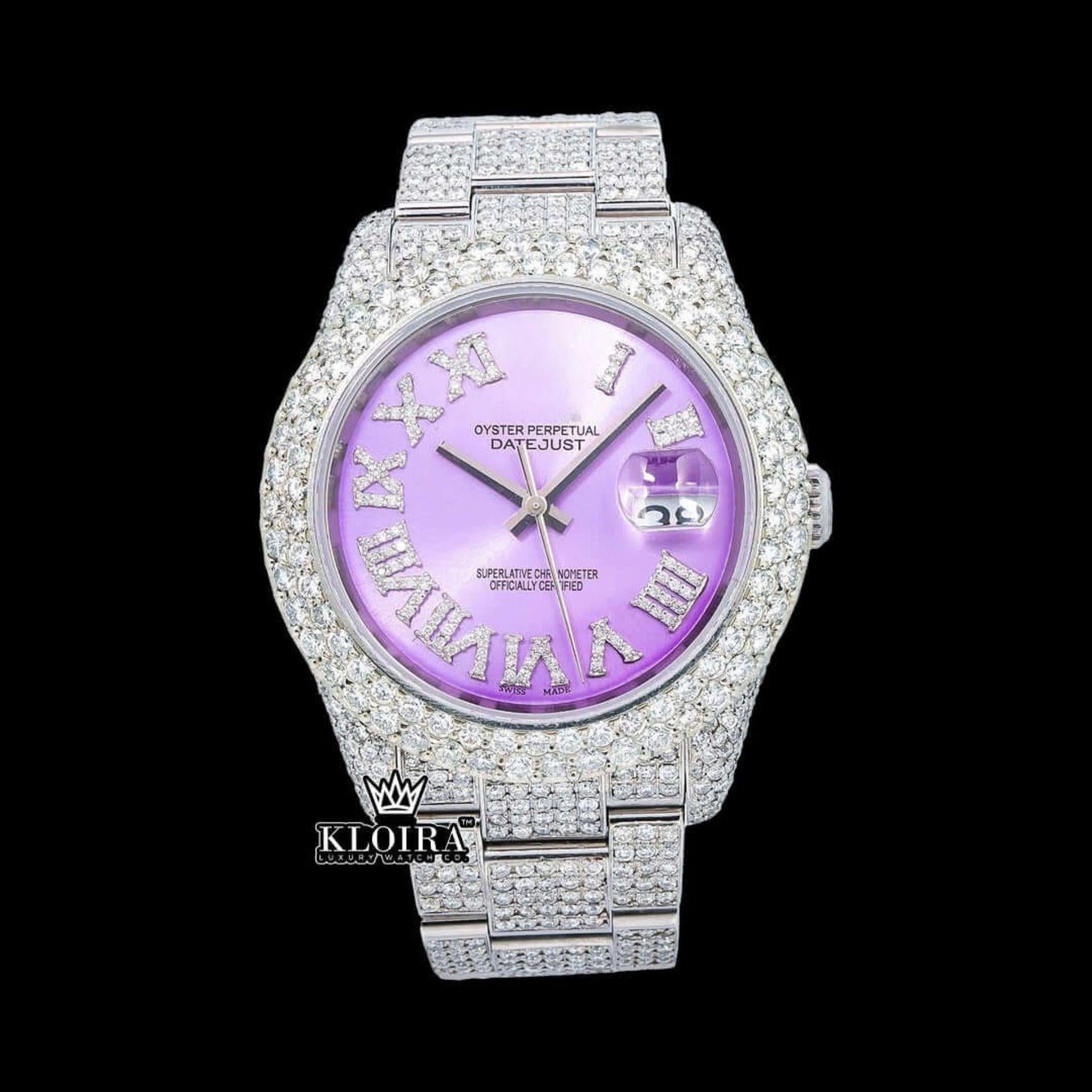 Moissanite Rolex Watch Fully Iced Out Lavender Roman Dial