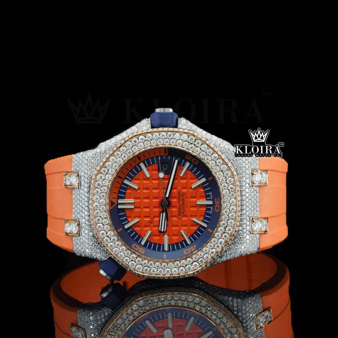 Orange Dial AP Inspired Iced Out Moissanite Watch with Orange Rubber Strap Front View