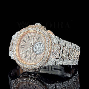 Patek Philippe Nautilus Women Rose Silver 36mm Diamond Studded Swiss Made Black Stick Numeral Watch