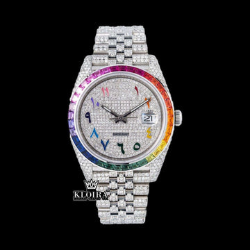 Rainbow Iced Out Moissanite Watch 14K Gold VVS 18 Carat 42mm Front View