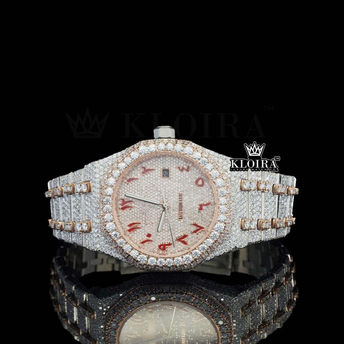 Red Arabic Dial Two Tone Fully Iced Out Moissanite Diamond Watch Close Up Front View