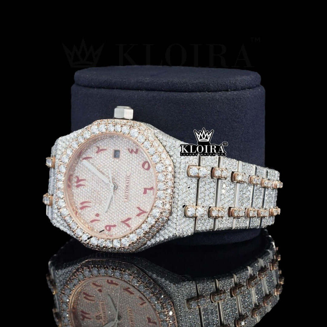 Red Arabic Dial Two Tone Fully Iced Out Moissanite Diamond Watch Close Up Front View