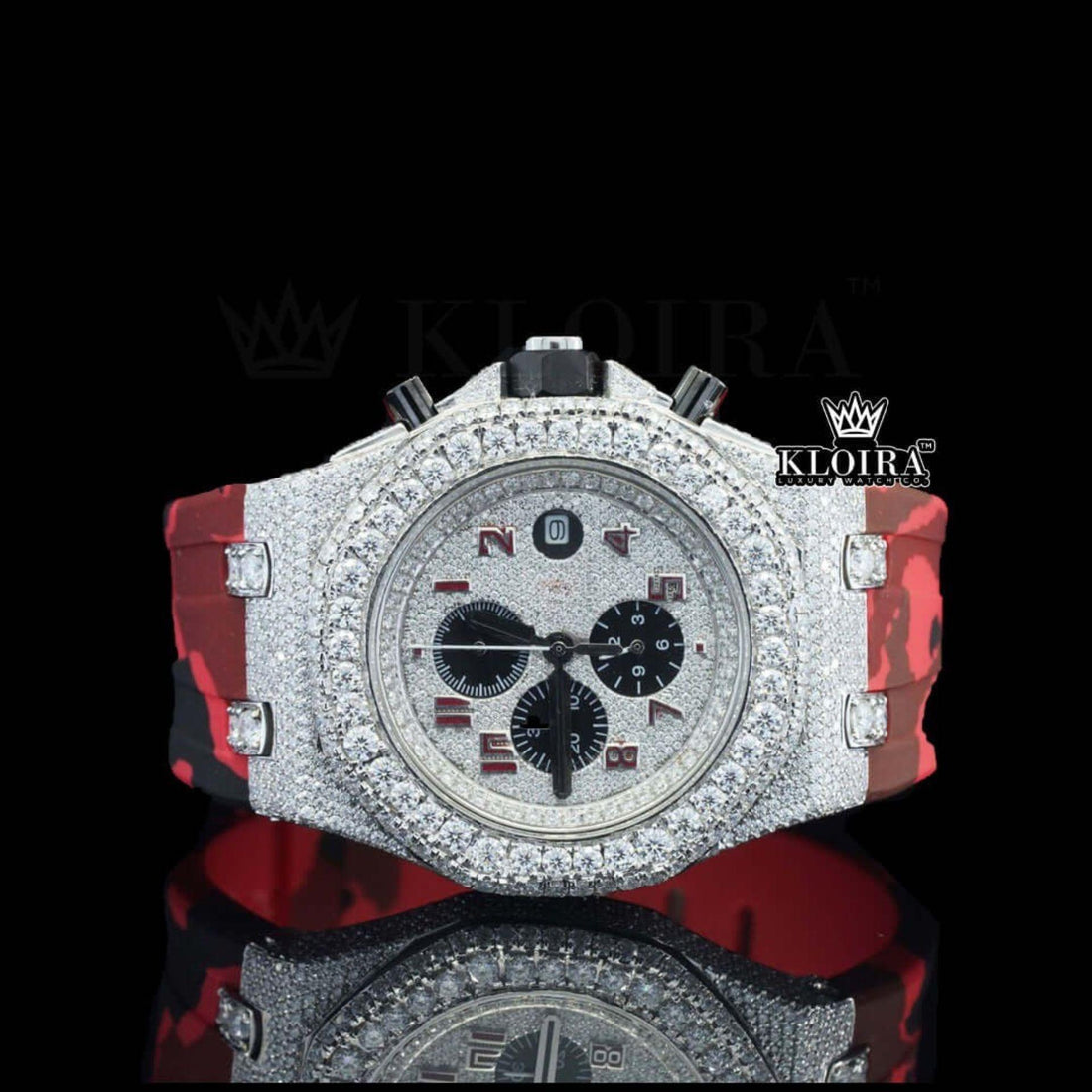 Red Rubber Strap Silver Dial Iced Out Moissanite Diamond Chrono Watch Front View