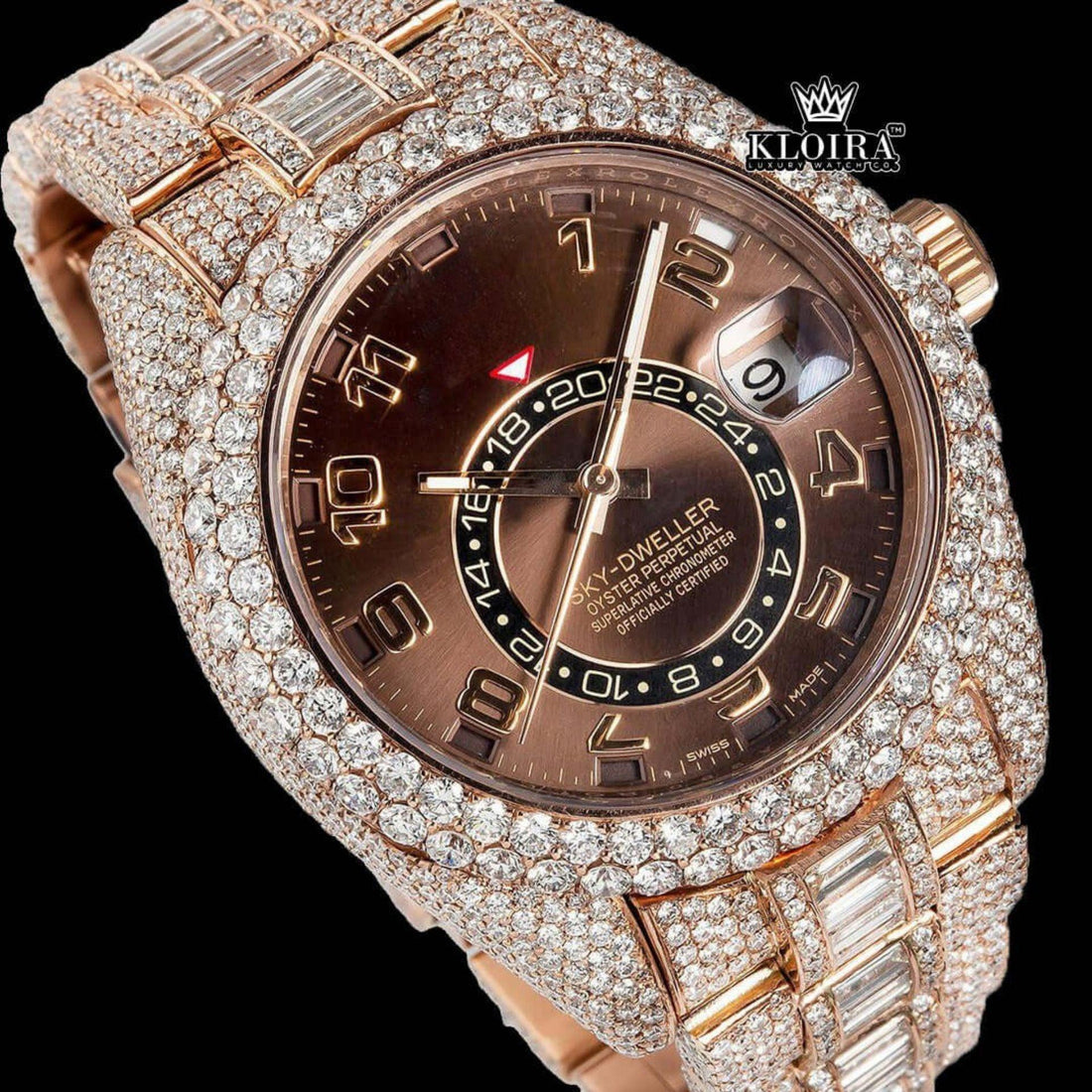 Rolex Sky-Dweller Inspired Brown Dial Rose Gold Moissanite Watch Front View