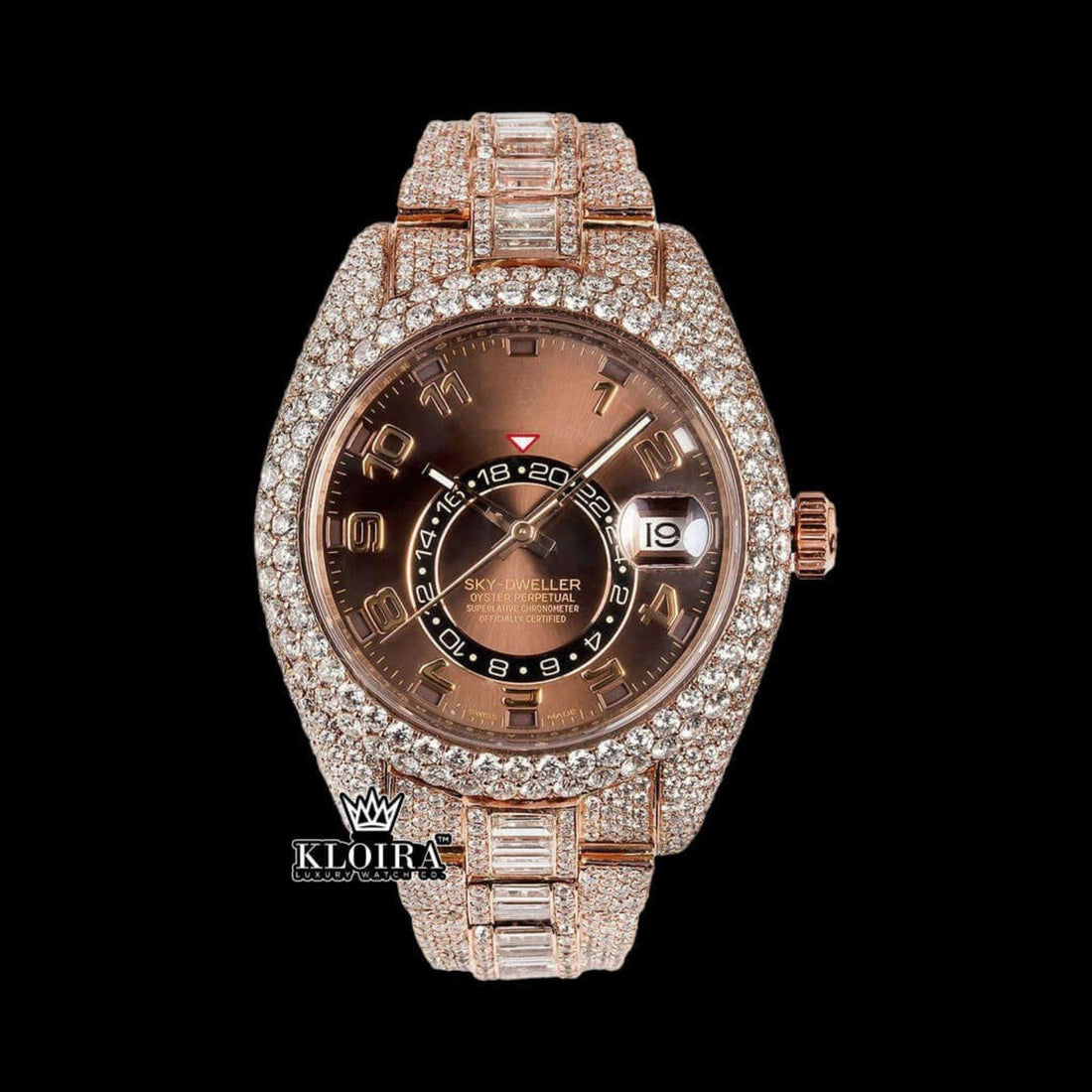 Rolex Sky-Dweller Inspired Brown Dial Rose Gold Moissanite Watch Front View