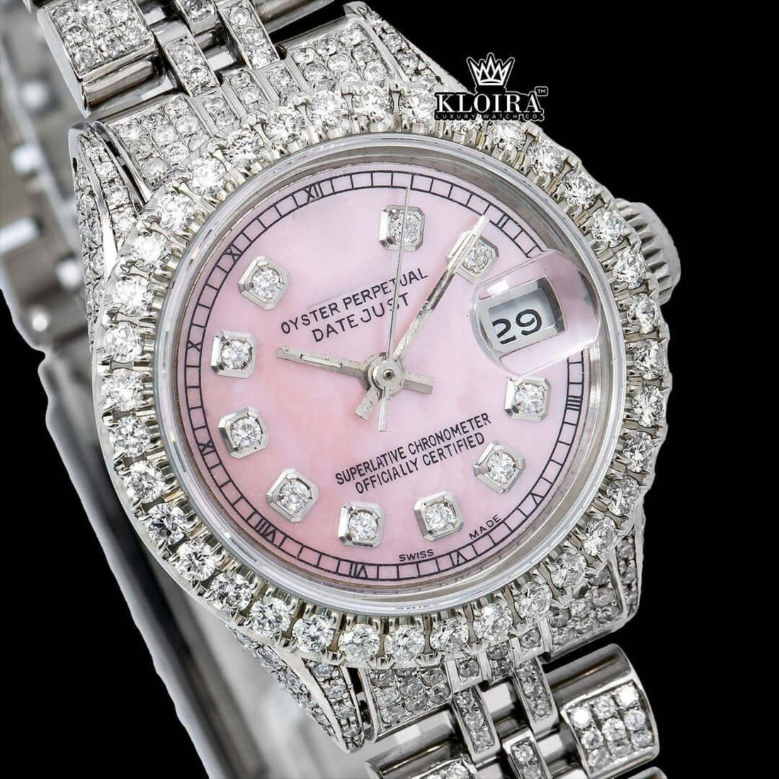 Rose Glimmer Moissanite Diamond Watch 14K Gold VVS 18 Carat 42mm Front View