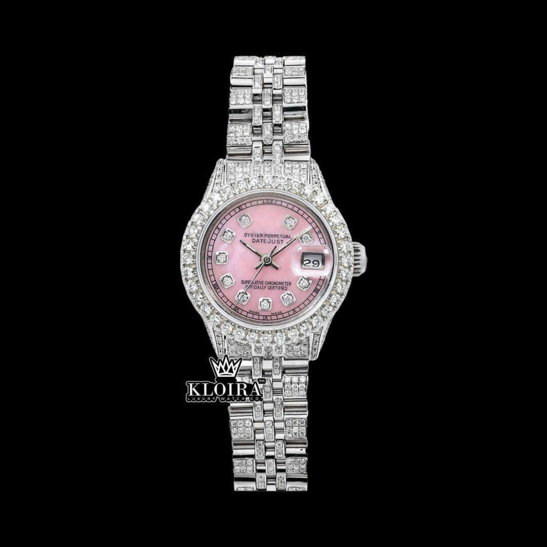 Rose Glimmer Moissanite Diamond Watch 14K Gold VVS 18 Carat 42mm Front View