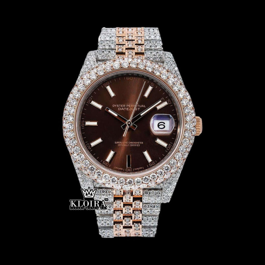 Rose Gold Brown Stick Markers Face Two Tone Moissanite Watch 42mm Front View
