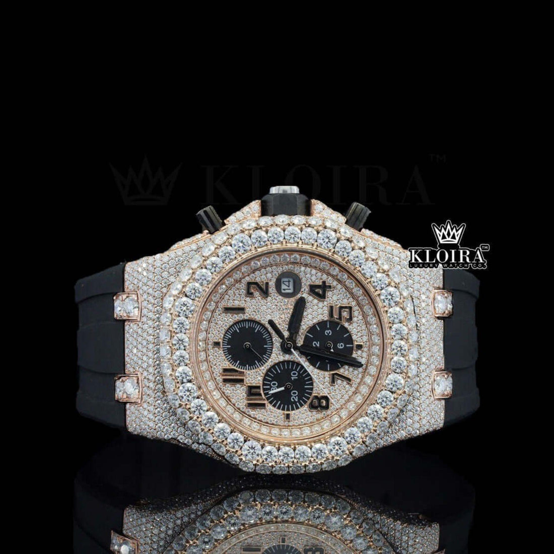 Rose Gold Dial Black Numerals Moissanite Watch With Black Rubber Strap Front View