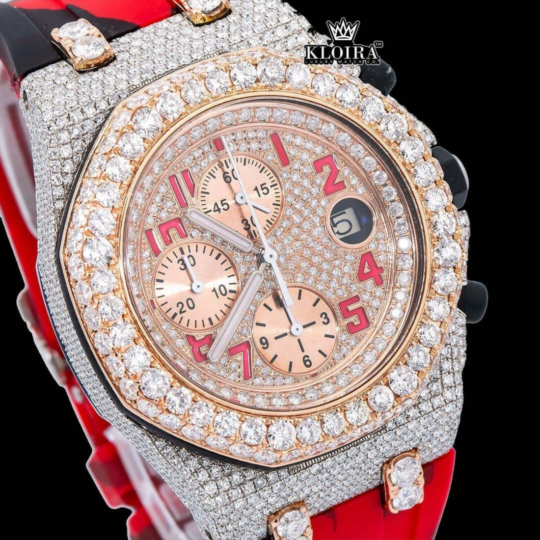 Rose Gold Dial Iced Out Moissanite Diamond Watch with Red Camo Strap Front View