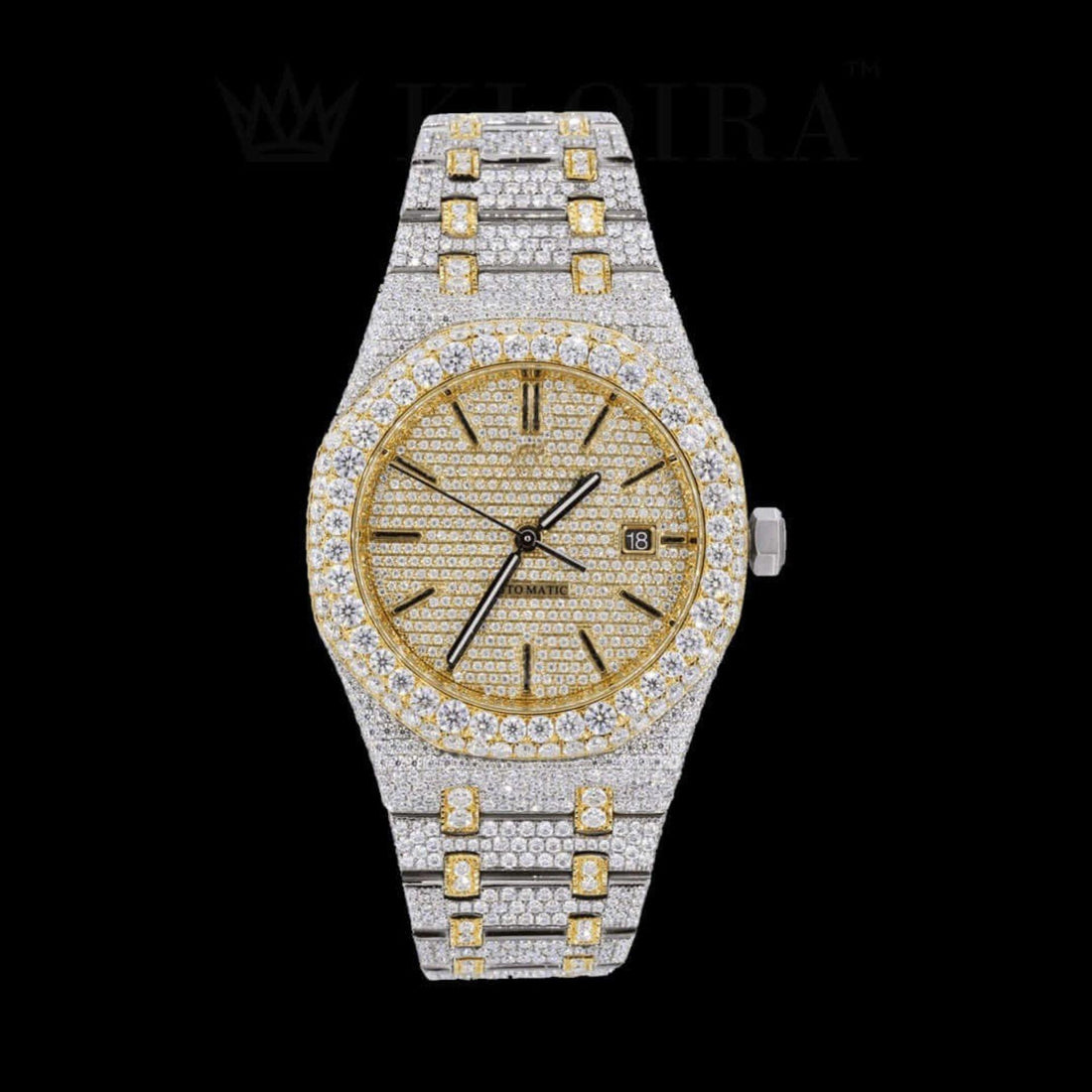 Two Tone AP Yellow Dial Fully Iced Out Moissanite Watch Front View