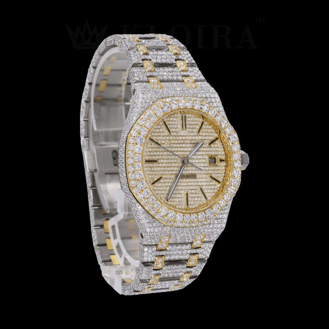 Two Tone AP Yellow Dial Fully Iced Out Moissanite Watch Front View