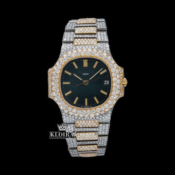Two Tone Black Dial Iced Out Moissanite Diamond Watch Front View